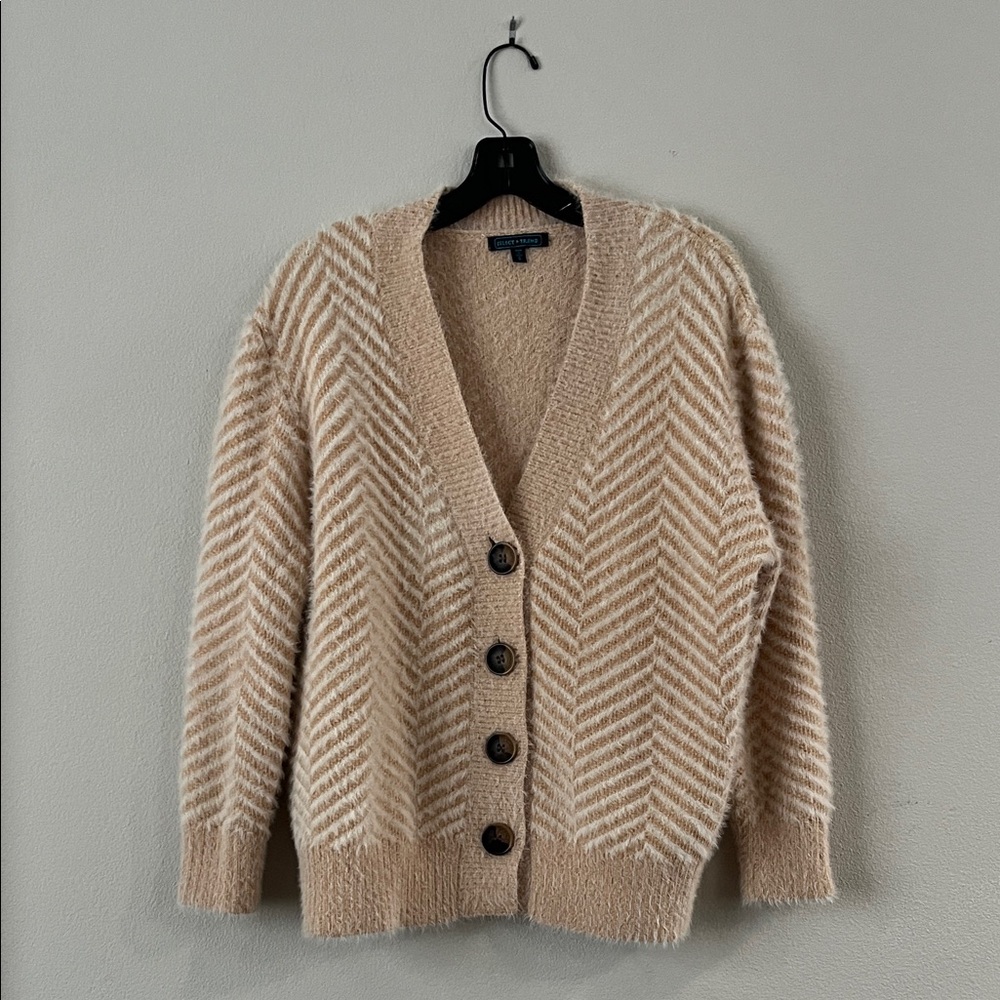 Cozy Chunky Tan Chevron Knit Cardigan Women's Size S Yellow